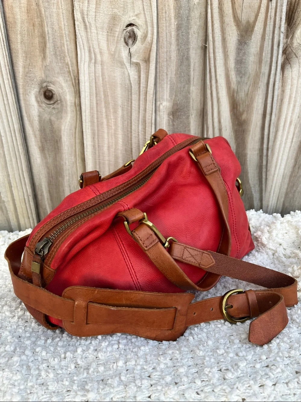 Red Leather Satchel Bag with Brown Handles